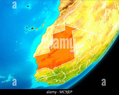 Carte de Mauritanie en rouge vu de l'espace sur la planète Terre avec bordures blanches. 3D illustration. Éléments de cette image fournie par la NASA. Banque D'Images