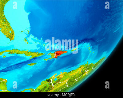 Carte de République Dominicaine en rouge vu de l'espace sur la planète Terre avec bordures blanches. 3D illustration. Éléments de cette image fournie par la NASA. Banque D'Images