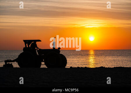 Un tracteur est découpé sur le lever tôt le matin car elle efface la plage de sable d'algues apportés par la marée haute à Hollywood, en Floride. Banque D'Images