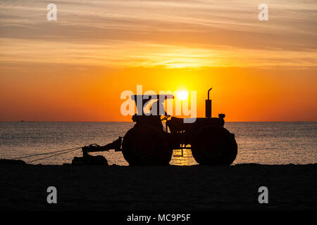 Un tracteur est découpé sur le lever tôt le matin car elle efface la plage de sable d'algues apportés par la marée haute à Hollywood, en Floride. Banque D'Images