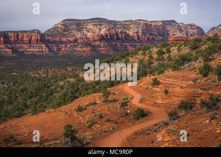 Vue panoramique sur Chuck Wagon Trail avec La Montagne Secrète et diverses formations de roche rouge dans la distance, Sedona, Arizona Banque D'Images