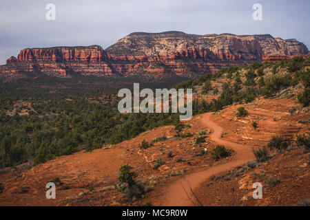 Vue panoramique sur Chuck Wagon Trail avec La Montagne Secrète et diverses formations de roche rouge dans la distance, Sedona, Arizona Banque D'Images