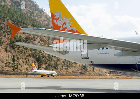 Queue de Bhoutan Airways Airbus A319 à l'Aéroport International de Paro, Bhoutan Banque D'Images