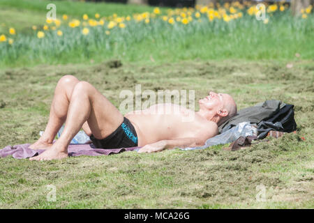 Londres, Royaume-Uni. 14 avril 2018.Un homme de soleil dans Hyde Park, dans le soleil du printemps comme les températures sont prévus pour le week-end et la semaine prochaine dans de nombreuses parties de la Grande-Bretagne Crédit : amer ghazzal/Alamy Live News Crédit : amer ghazzal/Alamy Live News Banque D'Images
