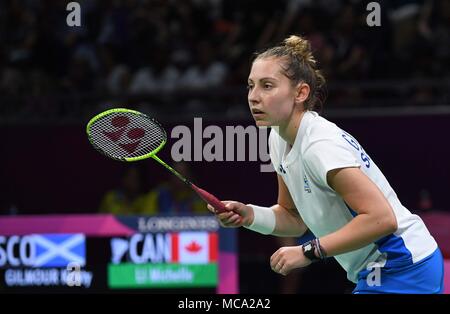 Gold Coast, Australie, 14 avril 2018. Kirsty Gilmour (SCO). Womens des célibataires. La médaille de bronze. Le Badminton. XXI Jeux du Commonwealth. Carrara Sports Hall 2. Côte d'or 2018. Le Queensland. L'Australie. 14/04/2018. Credit : Sport en images/Alamy Live News Banque D'Images