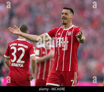 Munich, Allemagne. 14 avr, 2018. jubilation à 2-1, gardien de Sandro Wagner (Bayern) GES/football/1ère Bundesliga : le Bayern Munich - Borussia Mönchengladbach, 14.04.2018 Le football : 1ère ligue : Bayern vs Borussia Mönchengladbach, Munich, le 14 avril 2018 | dans le monde l'utilisation de crédit : afp/Alamy Live News Banque D'Images