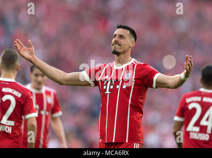 Munich, Allemagne. 14 avr, 2018. jubilation à 2-1, gardien de Sandro Wagner (Bayern) GES/football/1ère Bundesliga : le Bayern Munich - Borussia Mönchengladbach, 14.04.2018 Le football : 1ère ligue : Bayern vs Borussia Mönchengladbach, Munich, le 14 avril 2018 | dans le monde l'utilisation de crédit : afp/Alamy Live News Banque D'Images