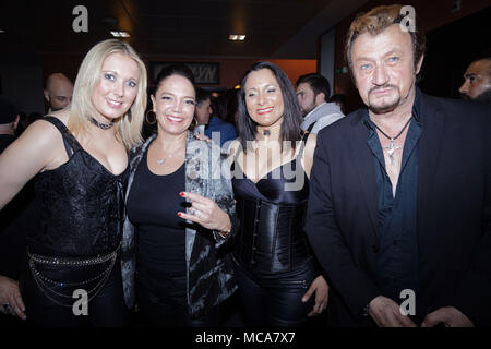 Paris, France. 13 avr, 2018. Campion Singrid et Richy, Johnny Hallyday sosie assister au spectacle de Singrid Campion au L'Olympia pendant le 13 avril 2018 à Paris, France. Credit : Bernard Menigault/Alamy Live News Banque D'Images