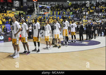 Au cours de la Turin Fiat Auxilium PANIER CAMPIONATO 2017/18 SERIE A match de basket-ball entre FIAT AUXILIUM TORINO VS SEGAFREDO VIRTUS BOLOGNE au PalaRuffini le 14 avril 2018 à Turin, Italie. Crédit : FABIO ANNEMASSE/Alamy Live News Banque D'Images