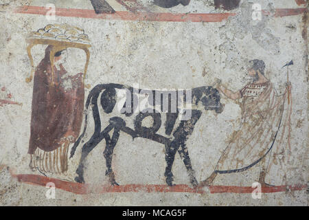 Cortège funèbre représenté dans la fresque de Lucane autour de 350 av. de la tombe 47 de la Nécropole Andriuolo en exposition dans le musée archéologique de Paestum (Museo Archeologico di Paestum) à Paestum, en Campanie, Italie. Banque D'Images