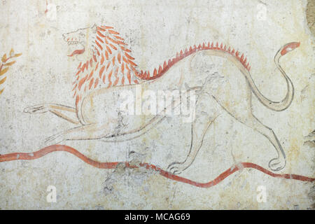 Lion représenté dans la fresque de Lucane 375-350 BC de la tombe 1 de la Nécropole Arcioni) Chaque mercredi sur l'affichage dans le musée archéologique de Paestum (Museo Archeologico di Paestum) à Paestum, en Campanie, Italie. Banque D'Images