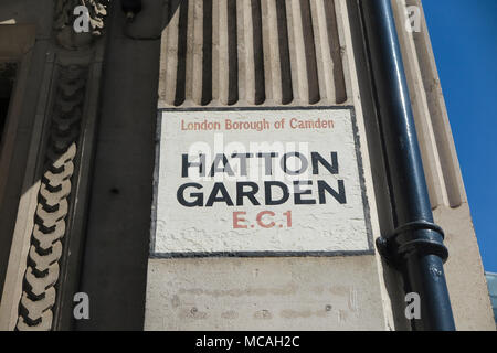 Un vieux, peint signe traditionnel pour le célèbre quartier de Hatton Garden à Londres Banque D'Images