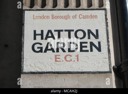 Un vieux, peint signe traditionnel pour le célèbre quartier de Hatton Garden à Londres Banque D'Images