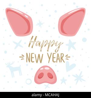 Vector cartoon style Nouvelle année 2019 et carte de vœux de Noël avec design mignon visage animal cochon : oreilles et nez rose. Isolé sur fond blanc Illustration de Vecteur