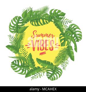 Vector cartoon style design pour la saison d'été Vibes carte postale ou affiche avec composition florale avec feuilles tropicales. Modèle dynamique coloré pour pri Illustration de Vecteur