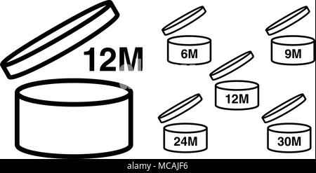 Période après ouverture symbole PAO. La durée de vie utile des produits cosmétiques après l'ouverture de l'emballage. L'icône dessin noir de pot avec nombre de mois representi Illustration de Vecteur