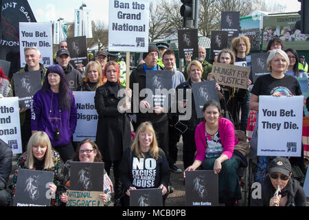 Vous pariez, ils meurent de la grande protestation nationale; les militants des droits des animaux à Liverpool, Merseyside, Royaume-Uni. 14/04/2018. Grand National Meeting Aintree manifestations et opposition à l'entrée principale de l'hippodrome d'Aintree. Chaque année, FAACE organise une manifestation contre le Grand National Horse race Meeting à Aintree, Liverpool. Banque D'Images