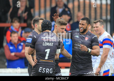 Wakefield, UK 15 Avril 2018Betfred Super League rugby, Wakefield Trinity v St Helens ; Tom Makinson de St Helens célèbre son crédit d'essayer : Nouvelles Images/Alamy Live News Crédit : Nouvelles Images/Alamy Live News Banque D'Images