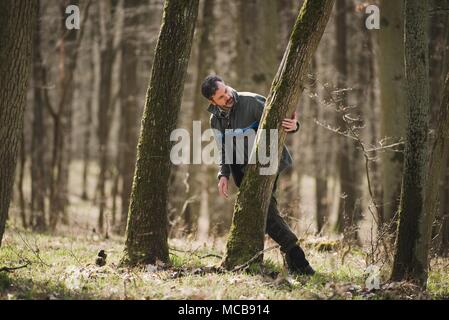 03 avril 2018, l'Allemagne, Werneck : Ralf Petercord, chef de la protection des forêts Ministère de l'Institut forestier du Canada, inspecte un chêne pour la spongieuse des œufs. Cette année, les arbres de chêne dans certaines parties de l'état allemand de Bavière faire face à une grave menace de la spongieuse. Photo : Nicolas Armer/dpa Banque D'Images