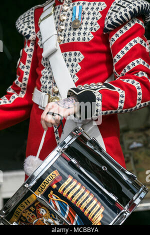 The Uniformed Irish Guards Army, UK militaire personnel musical Drummers & band à Aintree, Liverpool, Royaume-Uni Banque D'Images