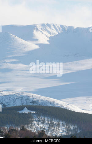 Une vue lointaine du Prince Albert's Cairn, debout sur une colline boisée sur Balmoral Estate sur Royal Deeside, avec les pentes de Lochnagar en toile Banque D'Images