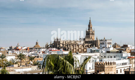 Vue sur la ville avec la cathédrale de Séville, Séville, Andalousie, Espagne Banque D'Images