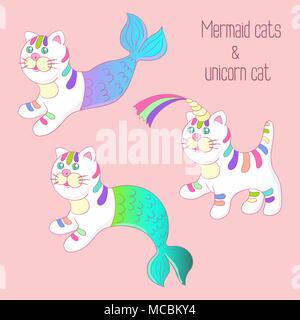 Purrmaid sscev mermaid mignon et tendance chat avec rainbow unicorn horn. Jeu de caractères de style cartoon Illustration de Vecteur