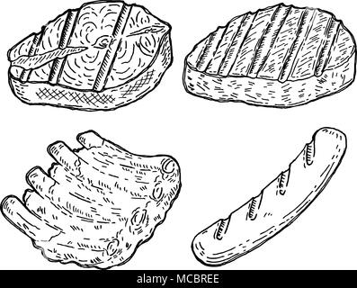 Ensemble de main tirées de la viande grillée. Saumon grillé, rôti de boeuf, saucisses, rôti de côte. Des éléments de design pour la décoration de restaurant, affiche, bannière, menu, Illustration de Vecteur