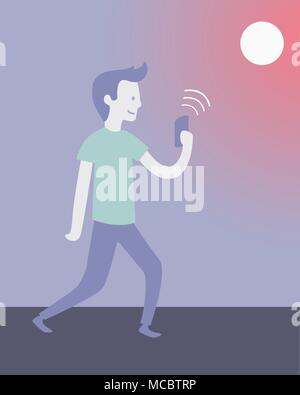 Hand drawn vector illustration ou dessin d'un jeune homme avec la marche holding a cellphone Illustration de Vecteur