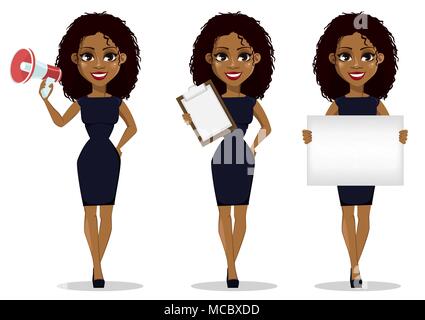 Business Woman cartoon character, set. Belle jeune businesswoman in smart casual clothes holding détenant une liste de contrôle de haut-parleur, Illustration de Vecteur