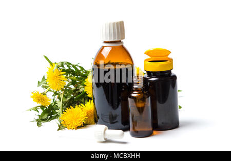Fleurs de pissenlit et huile essentielle isolated on white Banque D'Images