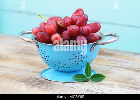 Les raisins rouges dans une passoire métallique bleu sur surface rustique with copy space Banque D'Images