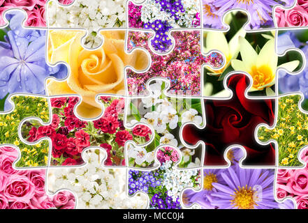 Fleurs printemps collage collection set en forme de puzzle. Printemps sans motif. Banque D'Images