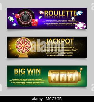 Des bannières avec jeu de la roulette et des jetons de Casino, loterie, machine jeu de roue de fortune en or. Jackpot Casino bannière avec jouer des jeux de casino. L'argent, la fortune et la loterie. vector illustration Illustration de Vecteur