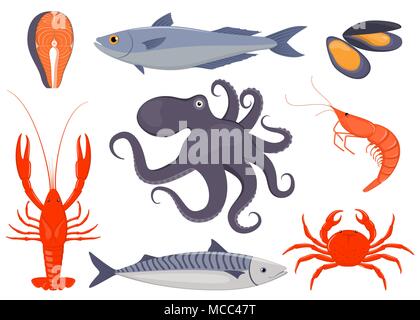 Set de fruits de mer. Le saumon, les moules, crabe, homard, poulpe, crevettes, maquereaux dans télévision style. Fruits de mer Poissons d'icônes pour restaurant menu Vector illustration Illustration de Vecteur