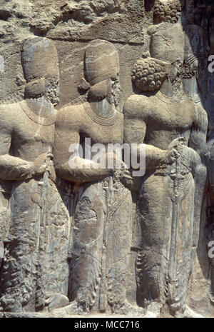 Sassanides. Soulagement de Shapur's Parade. Détail des fils du roi et de la noblesse. 3e siècle. De Naqsh-e Rajab. La province du Fars, Iran (Perse). Banque D'Images