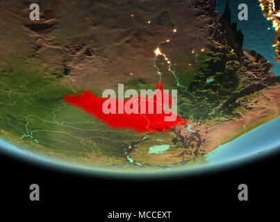 Le Soudan du Sud à partir de l'orbite de la planète Terre de nuit avec des textures très détaillées. 3D illustration. Éléments de cette image fournie par la NASA. Banque D'Images