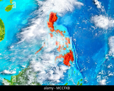 Philippines en rouge sur la planète Terre. 3D illustration. Éléments de cette image fournie par la NASA. Banque D'Images