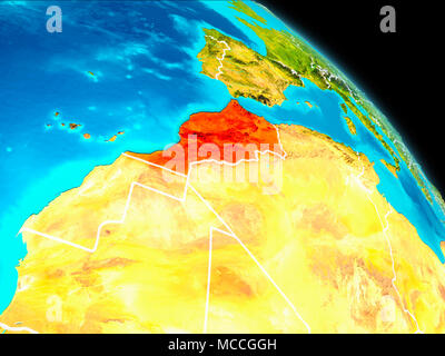 Vue de l'orbite de l'espace du Maroc a souligné en rouge sur la planète Terre avec des frontières visibles. 3D illustration. Éléments de cette image fournie par la NASA. Banque D'Images