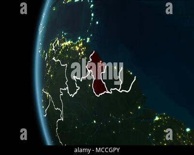 Voir l'orbite du Guyana en rouge avec bordures visibles et les lumières de la ville sur la planète Terre la nuit. 3D illustration. Éléments de cette fourrure d'image Banque D'Images