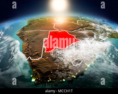 Lever du soleil au-dessus le Botswana a souligné en rouge sur le modèle de la planète Terre dans l'espace visible avec frontières du pays. 3D illustration. Éléments de cette image di Banque D'Images