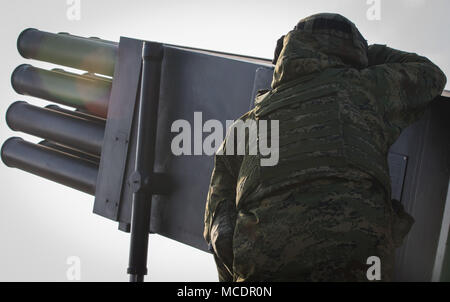 Un soldat de l'artillerie croate affecté à la batterie volcan vise son équipe's rocket artillery système tout en participant à l'exercice de groupe de combat Pologne à Puma une gamme près de la zone d'entraînement Bemowo Piskie, Pologne, le 22 février 2018. Ce soldat est une partie de l'unique groupe de combat multinationales, composé de États-Unis, Royaume-Uni, croate et soldats roumains qui servent avec la 15e Brigade mécanisée polonaise comme une force de dissuasion dans le nord-est de la Pologne à l'appui de l'OTAN vers l'amélioration de la présence. (U.S. Photo de l'armée par la CPS. Andrew McNeil/ Mobile 22e Détachement des affaires publiques) Banque D'Images