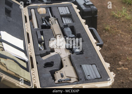 Un M110 Système de sniper semi-automatique se trouve à l'intérieur de ses armes au cours d'un cas du Bureau du Grand Prévôt Réaction spéciale Team (SRT) Exercice de tir réel à Kaneohe Bay (centre de formation de la gamme Base du Corps des Marines, New York, le 28 février 2018. SRT a organisé une formation avec une variété d'armes allant des pistolets, fusils de précision à des fusils de guerre, live-le-feu et de manœuvre pour produire des exercices de préparation, de maintenir l'esprit d'équipe, et la coopération avec l'autre sous pression. (U.S. Marine Corps photo par Lance Cpl. Isabelo Tabanguil) Banque D'Images