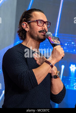 HONG KONG, CHINE - 15 avril 2018 : lancement de film Superstar Secret superstar indienne.acteur, Aamir Khan (photo), co-star, rejoint Zaira Wasim réunion en H Banque D'Images