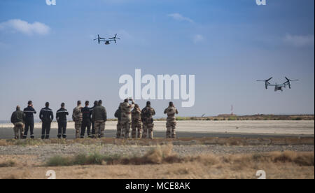 Les membres du service extérieur MV-22B avions à rotors basculants Osprey décollage après avoir été ravitaillé par les Marines avec l'Escadron de soutien de l'aile Marine, 373 marins à des fins spéciales du Groupe de travail air-sol - La réponse aux crises - Centre de commande, au cours d'un point de ravitaillement en carburant et d'armement vers l'avant (FARP) Le 26 février 2018. La FARP a été mis en place par les Marines avec MWSS-373 pour le Balbuzard pêcheur pourrait faire le plein de la mi-mission. Banque D'Images