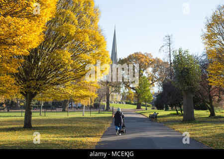 Une mère marchant avec une poussette dans le parc Clissold, Stoke Newington, Londres, au milieu d'arbres aux couleurs automnales dorées avec l'église St Mary en arrière-plan Banque D'Images