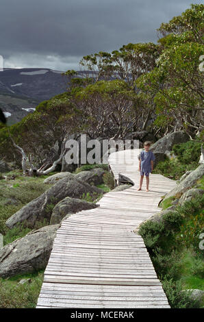 Fille sur le Boardwalk, Perisher Valley au début de l'été, avec la fonte des neiges en cours, montagnes enneigées, NSW, Australie. Parution du modèle Banque D'Images