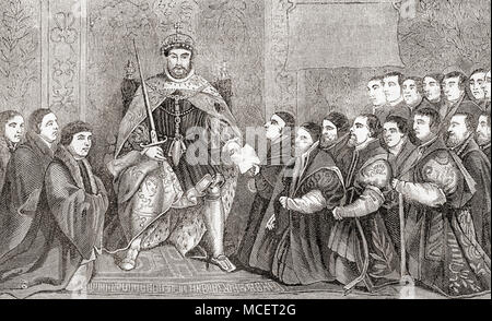 Henry VIII L'octroi de la charte royale à la Compagnie des coiffeurs pour hommes et la Guilde des chirurgiens sur leur fusion en 1540. Une charte royale est un document officiel délivré par un monarque et accorde un titre ou un statut à une personne ou à des personnes. Henry VIII, 1491 - 1547. Roi d'Angleterre. Après la peinture de Hans Holbein. À partir de la vieille Angleterre : A Pictorial Museum, publié 1847. Banque D'Images