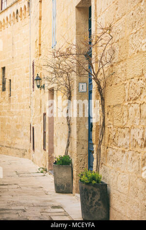 L'île de Malte, Mdina. Ancienne ville médiévale des rues étroites, des maisons aux façades de grès Banque D'Images