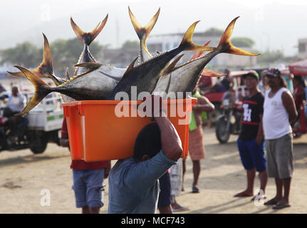 Le village de pêcheurs de Puerto Lopez à la côte du Pacifique de l'Équateur matin attraper Banque D'Images